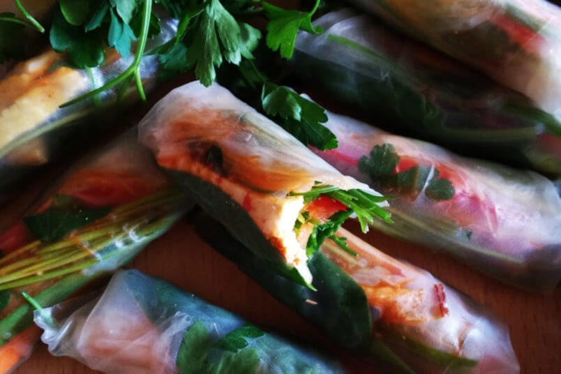 Veggie spring rolls with smoked tofu and peanut butter sauce