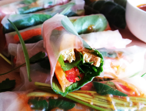 Veggie spring rolls with smoked tofu and peanut butter sauce