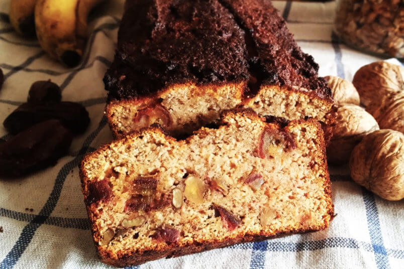 Coconut flour gluten-free banana bread with peanut butter, dates and walnuts