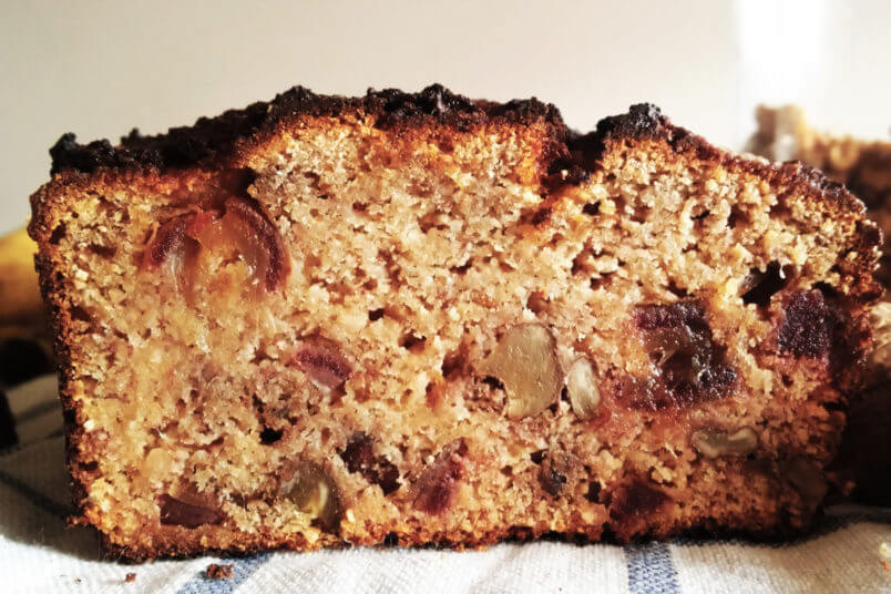 Coconut flour gluten-free banana bread with peanut butter, dates and walnuts
