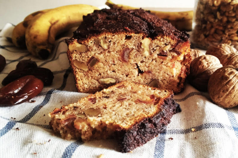 Coconut flour gluten-free banana bread with peanut butter, dates and walnuts