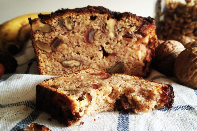Coconut flour gluten-free banana bread with peanut butter, dates and walnuts