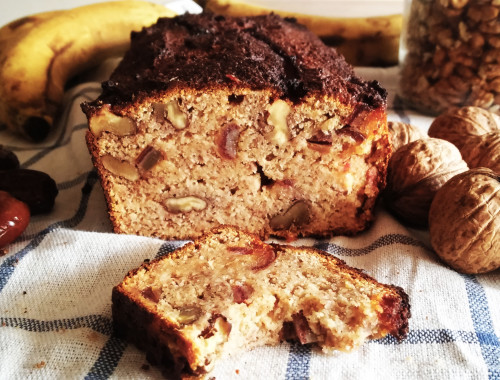 Coconut flour gluten-free banana bread with peanut butter, dates and walnuts