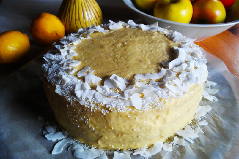 Gluten-free coconut layer cake with millet mango cream, Piňa Colada