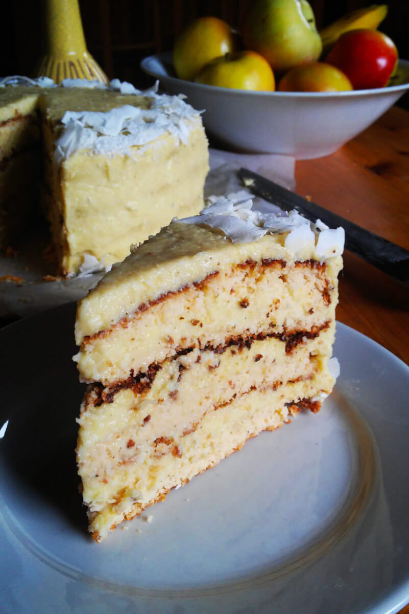Gluten-free coconut layer cake with millet mango cream, Piňa Colada