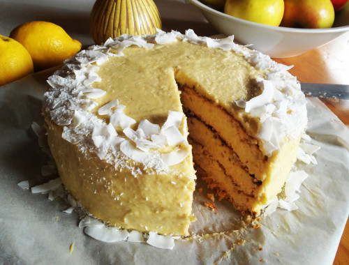 Gluten-free coconut layer cake with millet mango cream, Piňa Colada